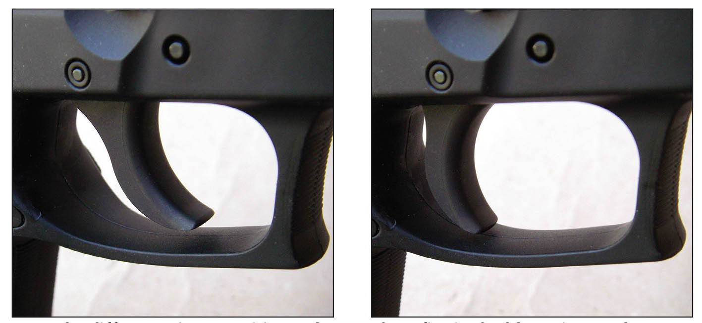 Note the different trigger positions when ready to fire in double-action mode versus single-action mode.